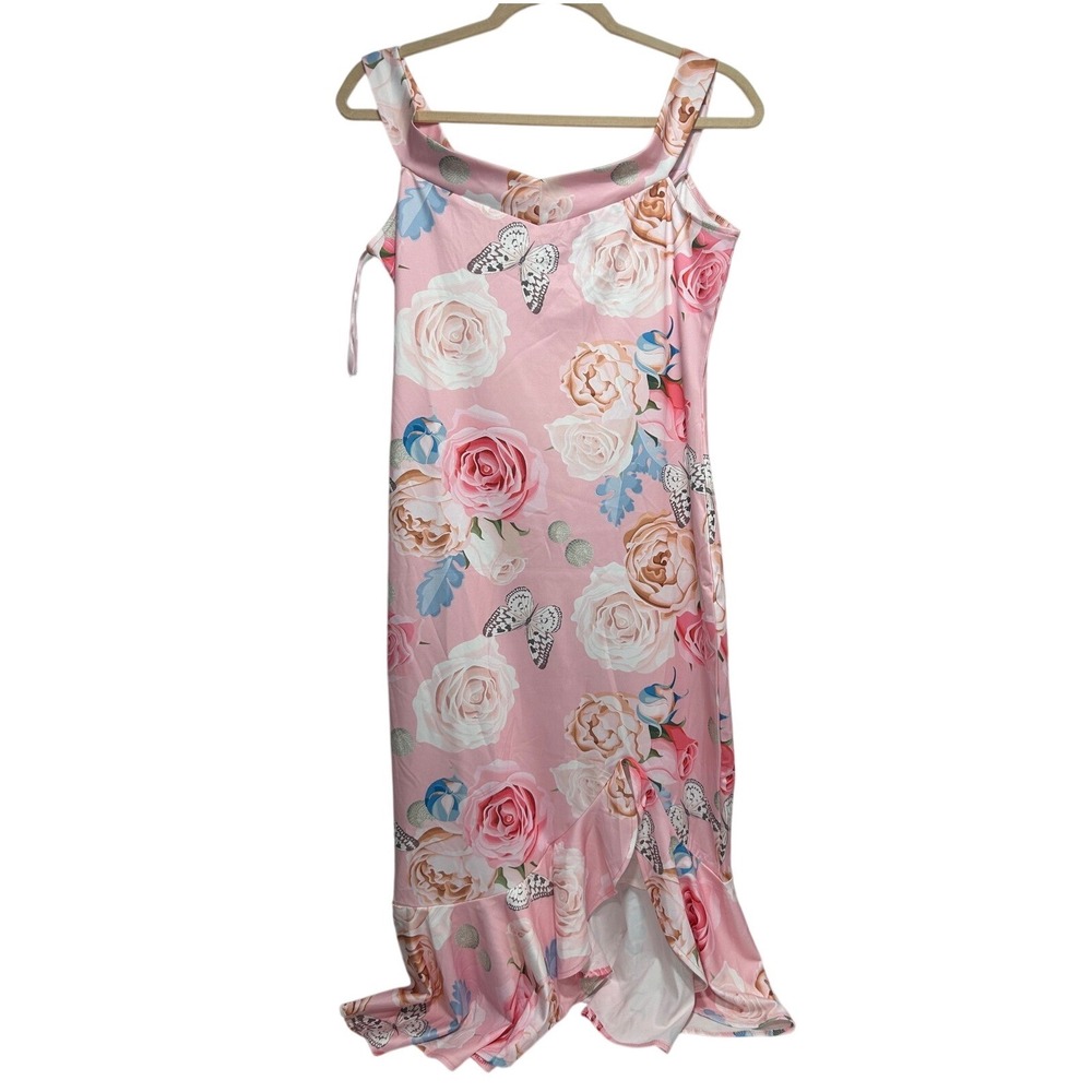 ChicMe Womens Pink Floral Butterfly Ruffle High Low Midi Dress Size L Rose Print